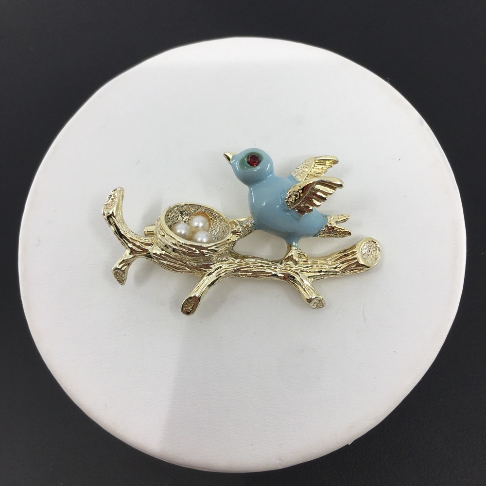 Vintage Gerry's Blue Enamel Bird Pearls Eggs Nest Brooch Pin 60’s Mid Century - Picture 5 of 8